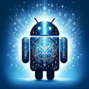 DALL·E 2024 02 25 22.51.53 Design a square avatar image that fills the entire space with color featuring an android and authentic Scandinavian runes. The avatar should radiate